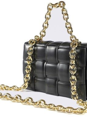 Black Padded Woven Faux Leather Shoulder Bag, Cassette Bag with Gold Chain Strap